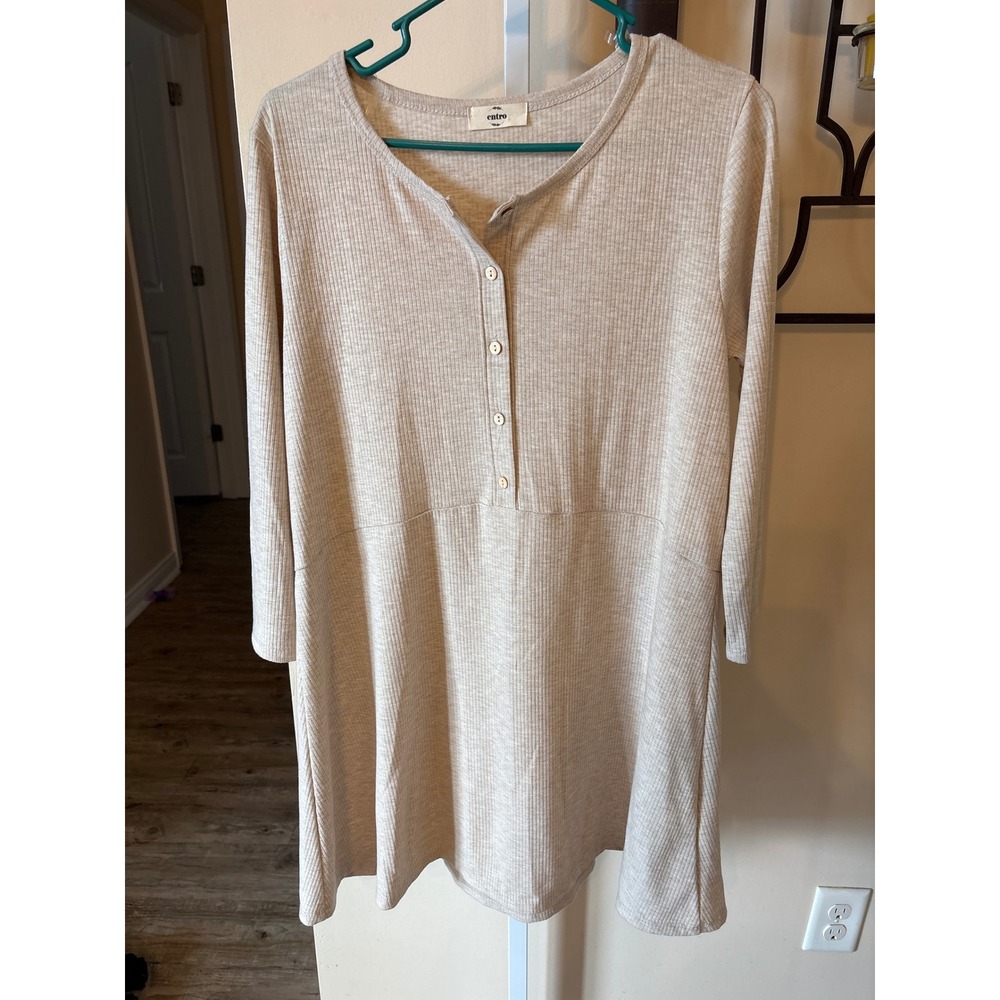 Entro Ribbed Henley Tunic Top Long Sleeve Babydoll Oatmeal Beige Women Small
